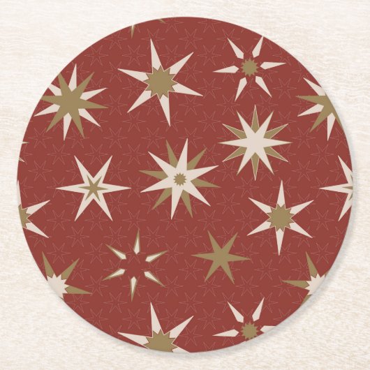 クリスマス金ゴールドジオスターズ – 赤いパターン。 ラウンドペーパーコースター (正面)