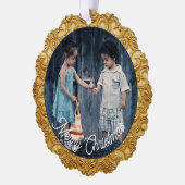 クリスマス金ゴールドスクロール写真テンプレート オーナメントカード (左)