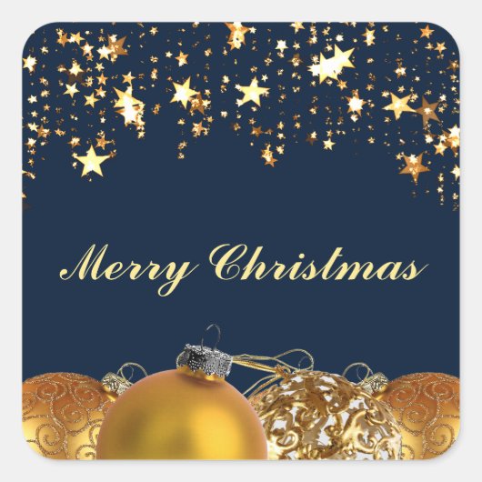 クリスマス金ゴールドスター、ボーブル、ツリーとメッセージ スクエアシール (正面)