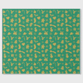 クリスマス金ゴールドパターンの緑の背景 ラッピングペーパー (フラット)