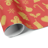クリスマス金ゴールドパターンの赤い背景 ラッピングペーパー (ロールコーナー)