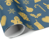 クリスマス金ゴールドパターンの青い背景のラッピングパ ラッピングペーパー (ロールコーナー)