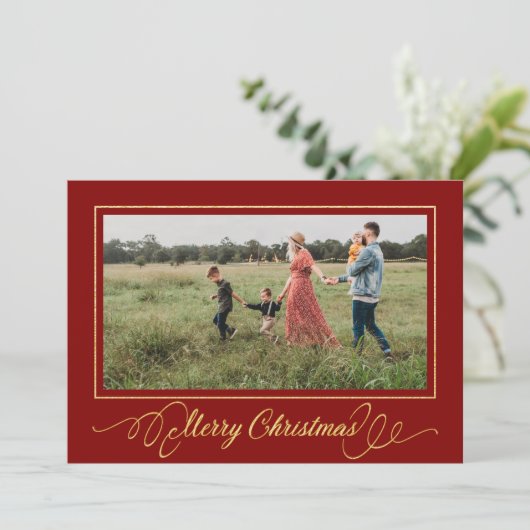 クリスマス金ゴールドフレームフォトホリデーカードレッド 招待状 (スタンド正面)