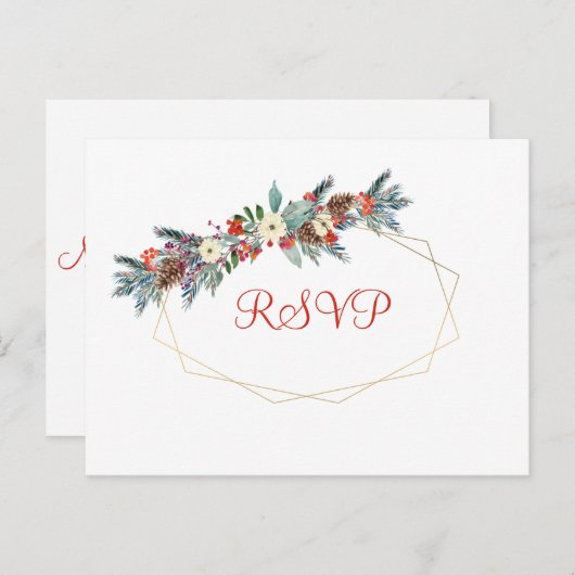 クリスマス金ゴールドフレーム季節フローラ結婚式の出欠 インビテーションポストカード (正面/裏面)