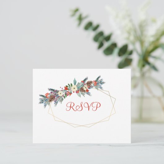 クリスマス金ゴールドフレーム季節フローラ結婚式の出欠 インビテーションポストカード (スタンド正面)