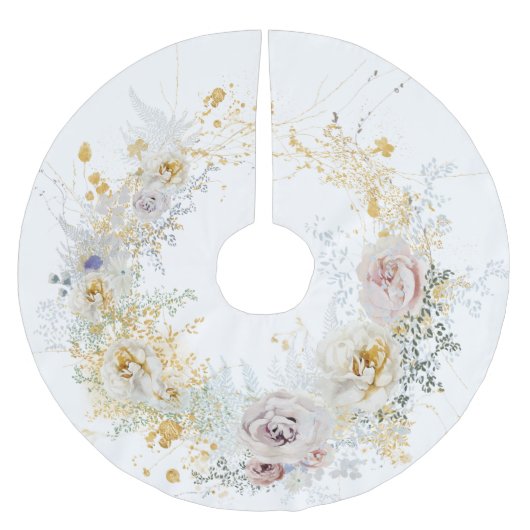 クリスマス金ゴールドフローラリース ブラッシュドポリエステルツリースカート (正面)