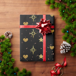 クリスマス金ゴールドブラックパターンの金ゴールドハート ラッピングペーパー