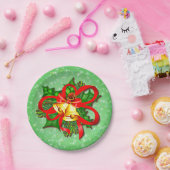 クリスマス金ゴールドベルズグリーンホリーレッドリボン7" ペーパープレート (パーティー)