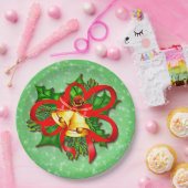 クリスマス金ゴールドベルズグリーンホリーレッドリボン9" ペーパープレート (パーティー)