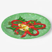 クリスマス金ゴールドベルズグリーンホリーレッドリボン9" ペーパープレート (アングル)