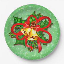 クリスマス金ゴールドベルズグリーンホリーレッドリボン9"