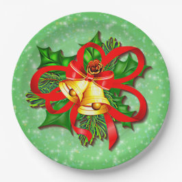 クリスマス金ゴールドベルズグリーンホリーレッドリボン9" ペーパープレート
