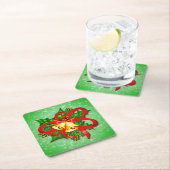 クリスマス金ゴールドベルズグリーンホリーレッドリボン スクエアペーパーコースター (インサイチュ)