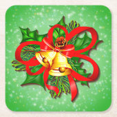 クリスマス金ゴールドベルズグリーンホリーレッドリボン スクエアペーパーコースター (正面)