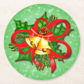 クリスマス金ゴールドベルズグリーンホリーレッドリボン ラウンドペーパーコースター (正面)