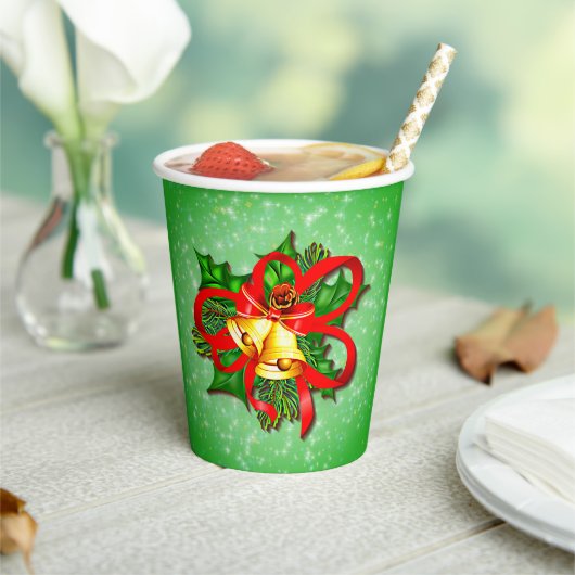 クリスマス金ゴールドベルズグリーンホリーレッドリボン 紙コップ (インサイチュ)
