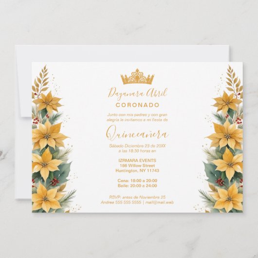 クリスマス金ゴールドポインセティアスインスピレーションフローラ 招待状 (裏面)