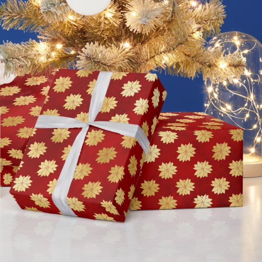 クリスマス金ゴールドポインセティアス赤 ラッピングペーパー (クリスマス)