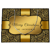 クリスマス金ゴールドリボン黒ダマスクパターングラム ラージペーパーバッグ (正面)