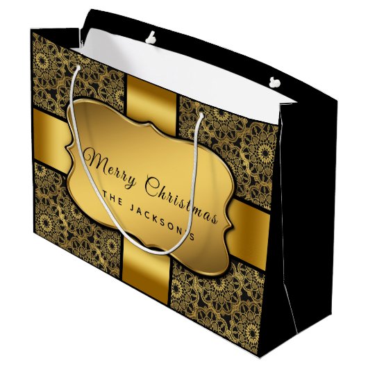 クリスマス金ゴールドリボン黒ダマスクパターングラム ラージペーパーバッグ (裏面アングル)