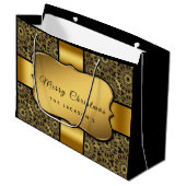 クリスマス金ゴールドリボン黒ダマスクパターングラム ラージペーパーバッグ (正面アングル)