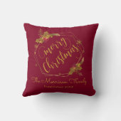 クリスマス金ゴールドリースパーソナライズされたのファミリ名 クッション (裏面)