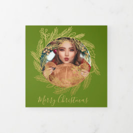 クリスマス金ゴールドリース写真パーソナライズされたクリスマス 三つ折りクリスマスカード
