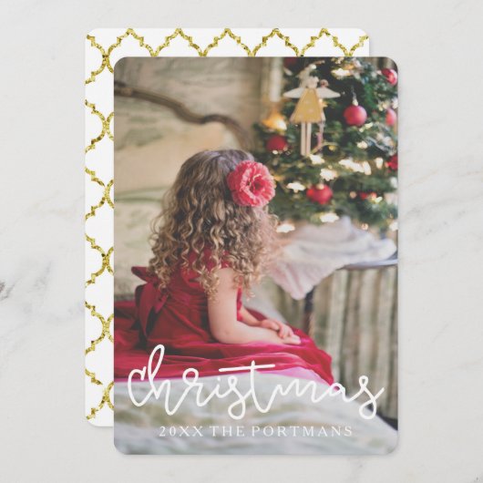 クリスマス金ゴールドルッククローバー写真と名前の追加 シーズンカード (正面/裏面)