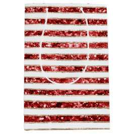 クリスマス金ゴールドレッドホワイトグリッターストライプズ ミディアムペーパーバッグ