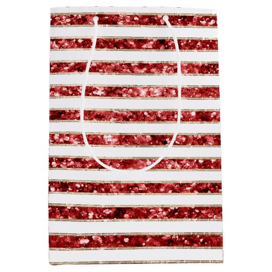 クリスマス金ゴールドレッドホワイトグリッターストライプズ ミディアムペーパーバッグ (正面)