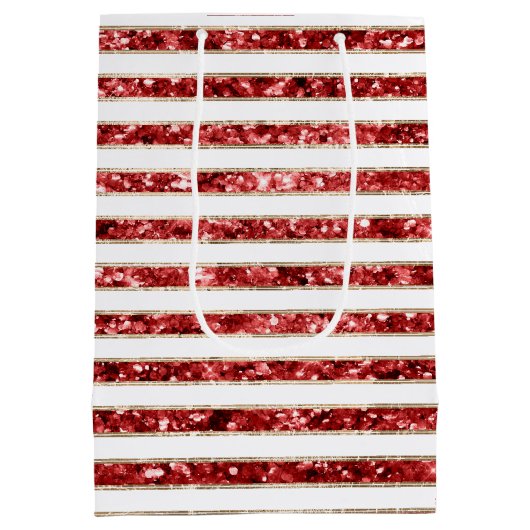 クリスマス金ゴールドレッドホワイトグリッターストライプズ ミディアムペーパーバッグ (裏面)