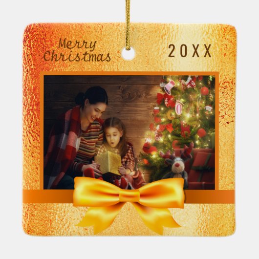 クリスマス金ゴールド写真家族 セラミックオーナメント (裏面)