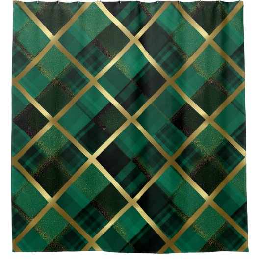 クリスマス金ゴールド及びグリーン格子模様 シャワーカーテン (正面)
