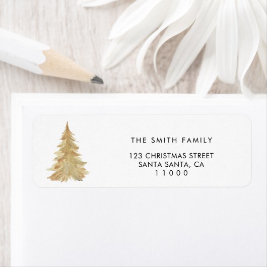 クリスマス金ゴールド松の木の差出人住所封筒 ラベル (インサイチュ)