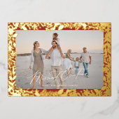 クリスマス金ゴールド赤い植物体メリーの写真 箔シーズンカード (正面)