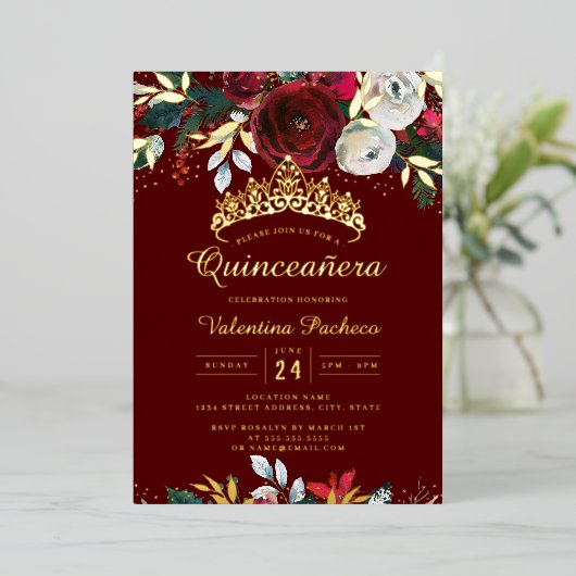 クリスマス金ゴールド赤フェスティバル葉キンセアニェラ 箔招待状 (立ち正面)