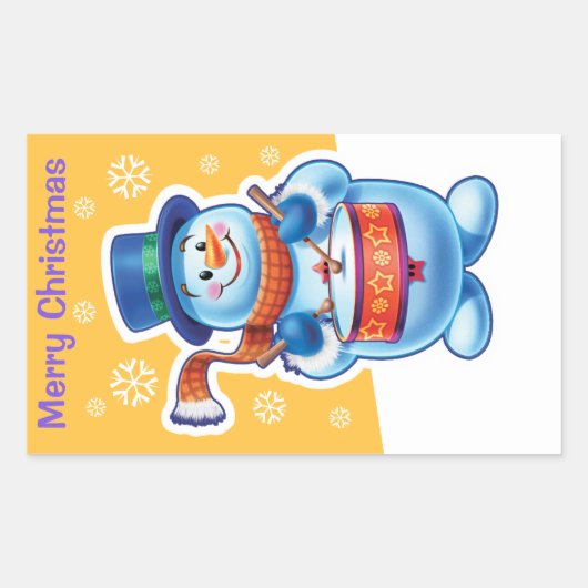 クリスマス金ゴールド長方形シール雪だるまドラマー。 長方形シール (正面)
