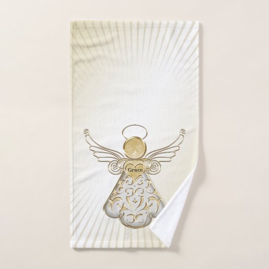 クリスマス金ゴールド/ホワイトフィリグリーエンジェルオブグレースバス バスタオルセット (ハンドタオル)