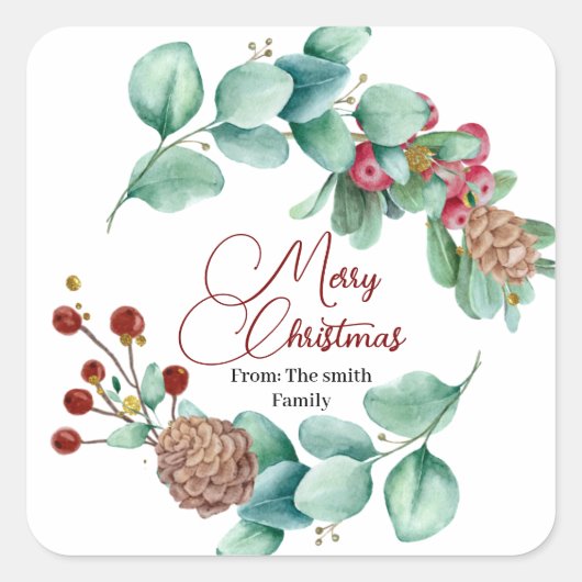 クリスマス離れリースとピネコン付きホリ スクエアシール (正面)