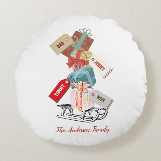 クリスマス雪そりプレゼント赤い白かわいいかわいい ラウンドクッション (正面)