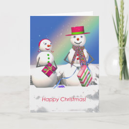 クリスマス雪だるまが贈り物を開く シーズンカード