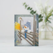 クリスマス雪だるまが鳥を見て シーズンポストカード (スタンド正面)