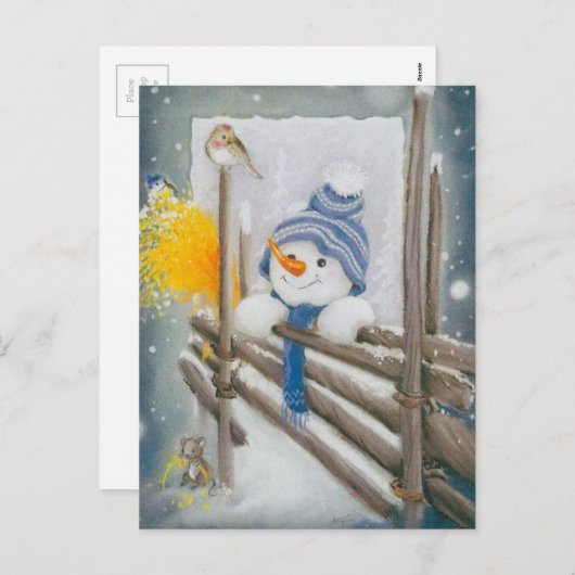 クリスマス雪だるまが鳥を見て シーズンポストカード (正面/裏面)