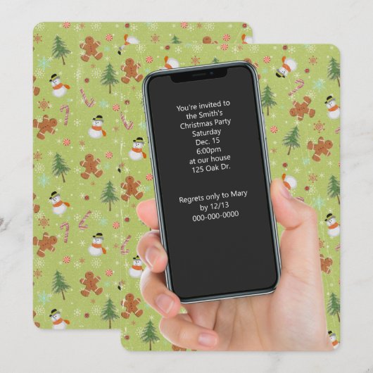 クリスマス雪だるまとジンジャーブレッドマンパーティー 招待状 (正面/裏面)
