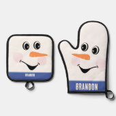 クリスマス雪だるまとハッピー顔スマイルブルーホワイト 鍋つかみ&鍋敷きセット (正面)