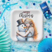 クリスマス雪だるまと女の子 ペーパープレート (パーティー)