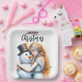 クリスマス雪だるまと女の子 ペーパープレート