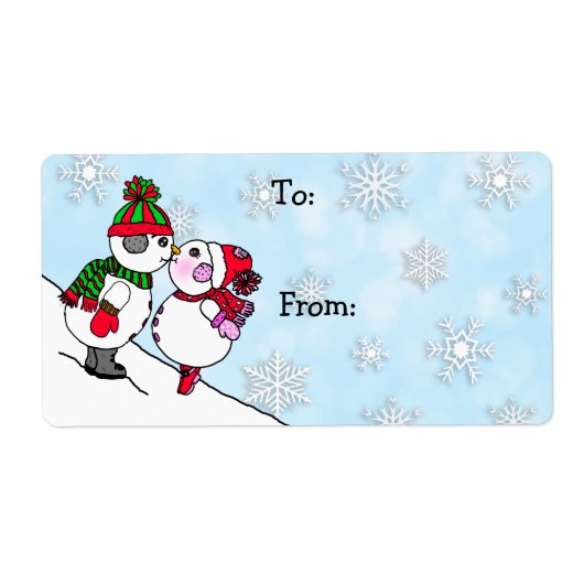 クリスマス雪だるまと女性キスのToおよびFrom ラベル (正面)