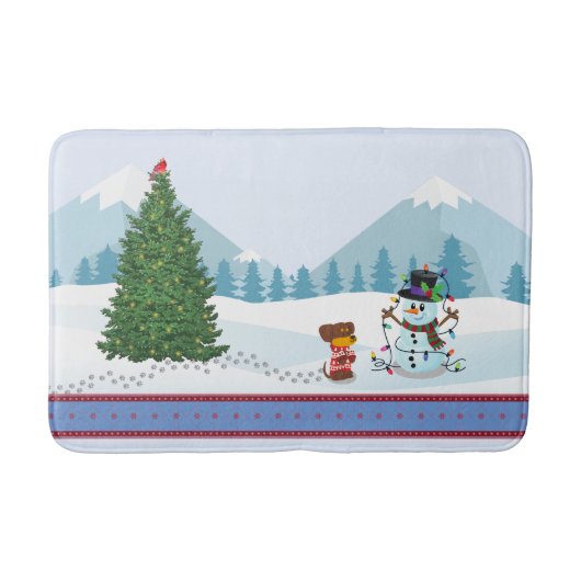 クリスマス雪だるまと子犬 バスマット (正面)