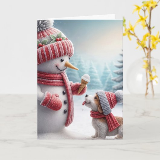 クリスマス雪だるまと犬 カード (黄色い花)